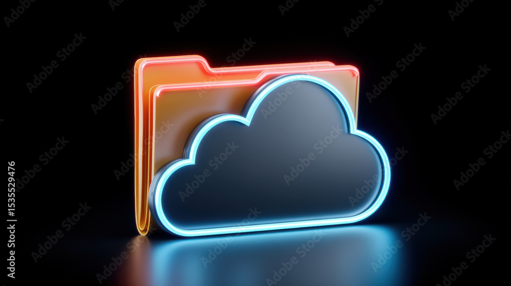 Poster digital folder icons with glowing cloud symbol represent data transfer and storage in modern technol