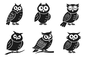 Set of six black and white vector illustrations of cute owls in various poses