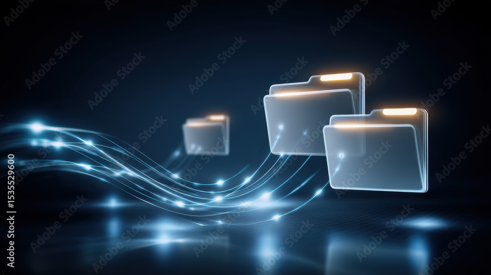 Poster digital folder icons represent data transfer with glowing lines showing fast movement in dark backgr