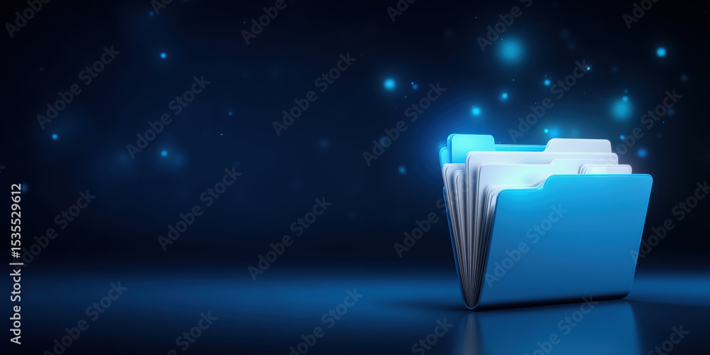 Poster digital folder icons glowing with data transfer concept on dark background showing technology and in