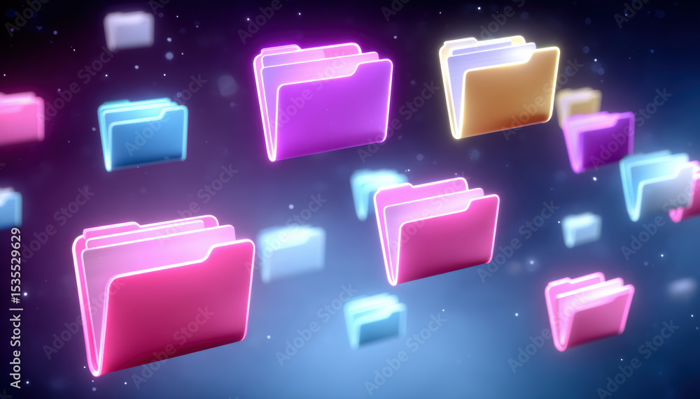 Poster digital folder icons float in space symbolizing data transfer and storage with vibrant glowing color