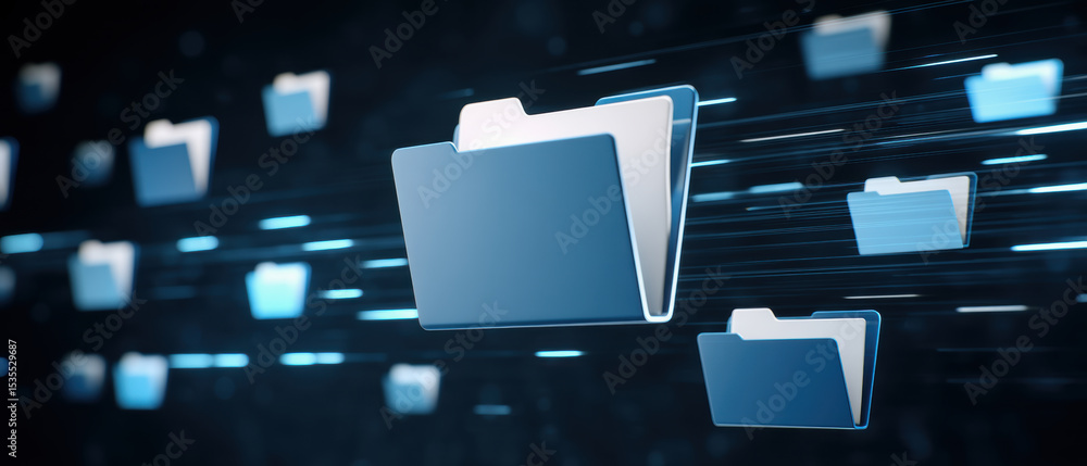 Poster digital folder icons symbolize data transfer in futuristic concept of file sharing and information e