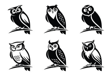 Fototapeta premium Six black and white owl silhouettes perched on branches in a modern design