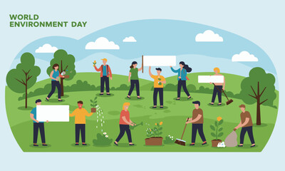 Naklejka premium Flat illustration of a group of people celebrating World Environment Day, including tree planting, recycling. Suitable for environmental campaigns, news or educational content.