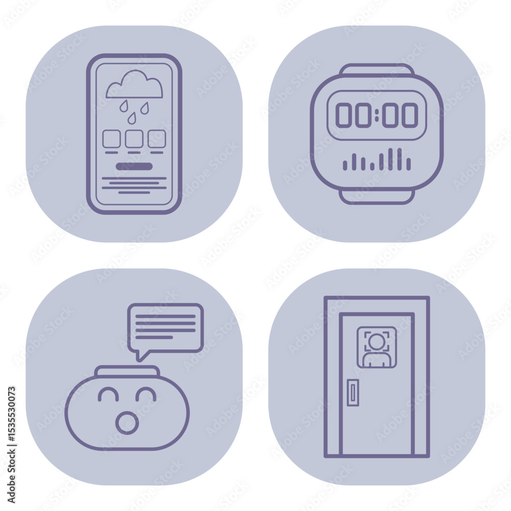Poster set of various line icons representing contemporary devices and concepts, including smartphone with 