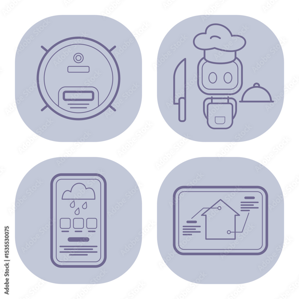 Poster set of line icons with various smart home devices including robotic vacuum, smart display, digital a