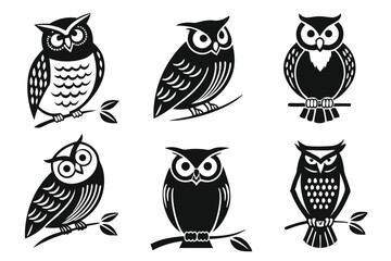 Six elegant black and white owl illustrations perched on branches against a white background
