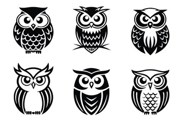 Six unique black owl silhouettes in various designs for logo and emblem applications