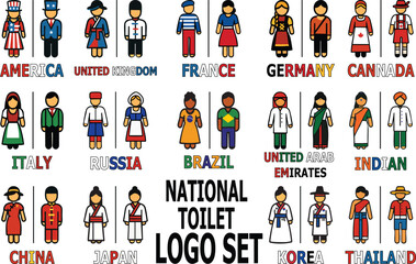 Vector restroom icons of men and women in national costumes colored according to their country flags. Ideal for multicultural toilet signage and global restroom design. or public space design.