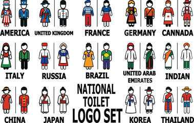 Vector restroom icons of men and women in national costumes colored according to their country flags. Ideal for multicultural toilet signage and global restroom design. or public space design.