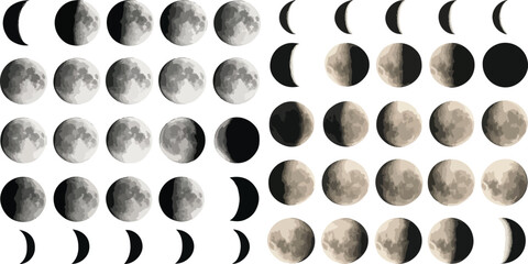 Vector illustration of moon phases showing waxing and waning cycles in grayscale and sepia tones. Ideal for astronomy, calendars, science education, and design projects.