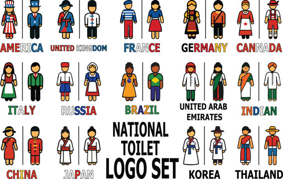 Vector restroom icons of men and women in national costumes colored according to their country flags. Ideal for multicultural toilet signage and global restroom design. or public space design.