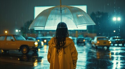 Obraz premium Lost in thought a solitary figure with an umbrella braving the rainy city streets at night with neon