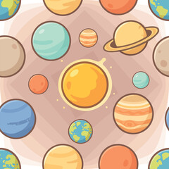 Seamless vector pattern featuring colorful cartoon planets and the sun. Perfect for kids’ fabric, space-themed textiles, wallpapers, and educational designs