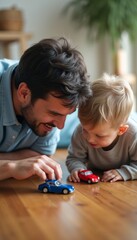 Father and son playing with toy cars on the floor
