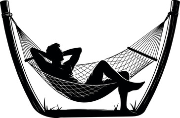 Man relaxing lying in hammock silhouette white background  
