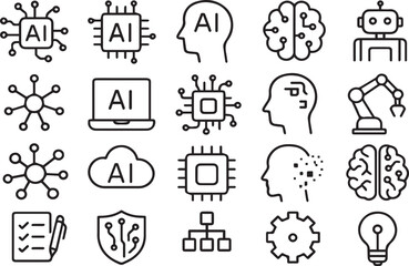 Artificial Intelligence Line Icons – AI, Robotics, Neural Network & Automation Symbols.