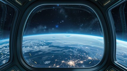 Earth viewed through futuristic space station window.