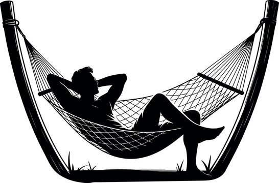 Man relaxing lying in hammock silhouette white background