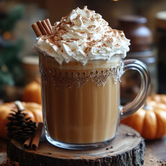 Pumpkin spice latte in cup with whipped cream and cinnamon.