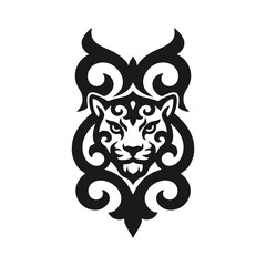 Tribal leopard head in ornamental style, black and white tattoo design with ethnic decorative elements, wild big cat face isolated on white background, symmetrical vector illustration