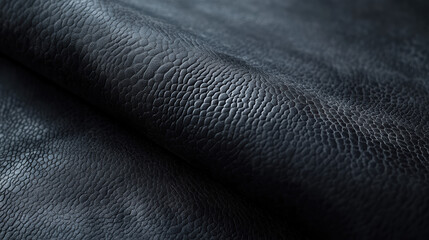Fototapeta premium Close-up view of textured black leather surface showing detailed grain pattern and smooth finish ideal for fashion accessories and upholstery design