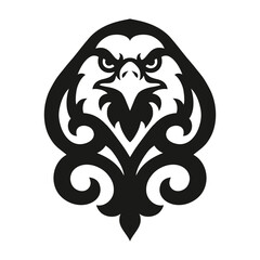 Tribal eagle head in black ornamental style, fierce bird of prey illustration with ethnic decorative elements, symmetrical tattoo design, isolated on white background, vector art