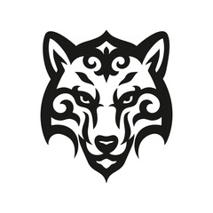 Stylized tribal wolf head in black ornament, ethnic totem design, wild animal illustration, tattoo or emblem concept, isolated on white background.