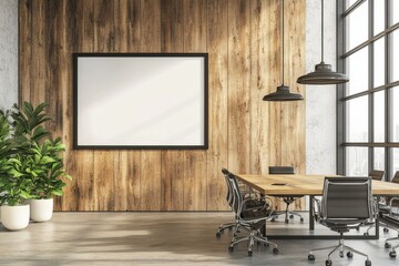 Modern conference room with blank poster and wooden wall