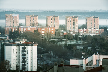 Urban Serenity: Foggy Morning in Aluche, Madrid, Spain