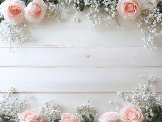 Wooden background with pink roses and gypsophila, space for text, romantic floral design.