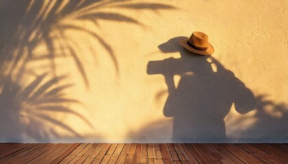  Conception for exotic travel. The shadow of the leaves of a palm tree and a photographer in