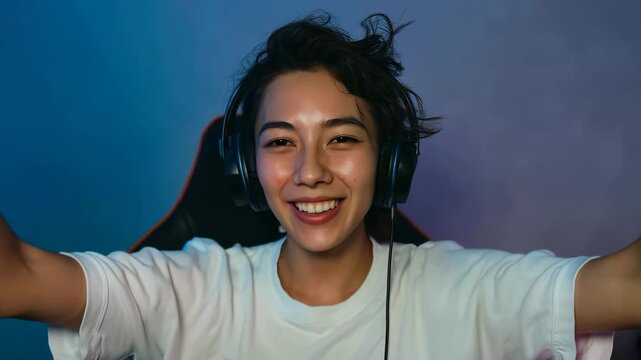 Joyful woman with headphones celebrating victory with raised arms and bright smile