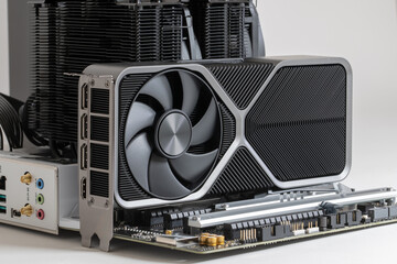 Computer parts with motherboard,  GPU graphic card, and audio connectors