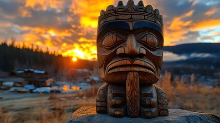 Sunset Illuminating Wooden Tribal Totem with Lush Forest Background