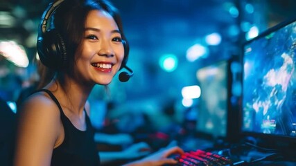 Enthusiastic gamer engages in competitive esports at cyber arena with headset and rgb keyboard - Powered by Adobe
