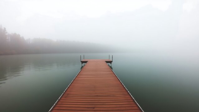 Serene wooden dock extending into misty lake on foggy day - Powered by Adobe