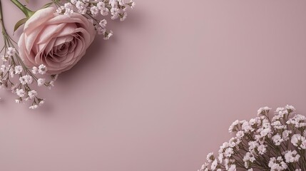Mauve floral flat-lay with dreamy mauve-pink rose and pastel baby’s breath, soft romantic corners, clean center, 16:9 elegant design without text.