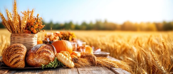 Abundant Harvest of Pumpkins and Baked Goods on Rustic Wooden Table in Sunny Wheat Field Scene