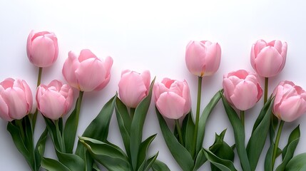Fototapeta premium A stunning arrangement of blooming pink tulips displayed in a neat row against a white background