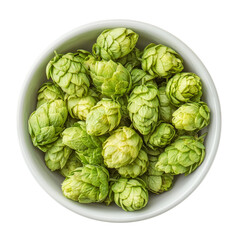 Obraz premium Fresh green hops in white bowl, perfect for brewing beer or culinary uses. These aromatic flowers add flavor and aroma to various dishes and beverages