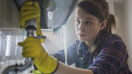 Professional female plumber wearing yellow safety gloves carefully repairing water pipe leak located under kitchen sink, demonstrating technical expertise and problem solving skills