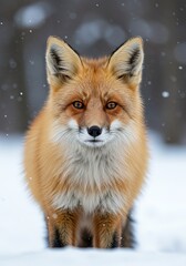 Obraz premium Red fox sits in a snowy outdoor environment looking directly at the viewer.