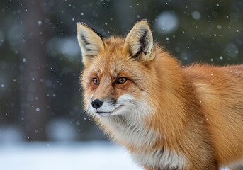 Fototapeta premium Red fox stands in snowy environment looking left with trees in background.