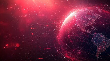 Red-black background globe with dark abstract shapes. Digital technology vector concept for news web banners. Global events theme, futuristic flat geometric business design.