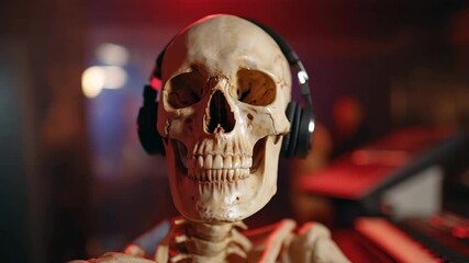 Dancing skeleton with headphones in a neonlit room embraces music vibes