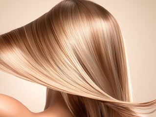 Fototapeta premium Silky Smooth Long Hair Flowing Elegantly in Soft Light Against a Cream Background