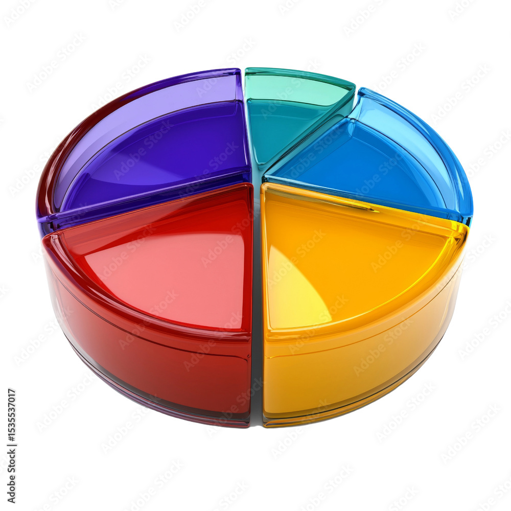 Poster colorful pie chart made of transparent segments, showcasing vibrant hues. ideal for presentations an
