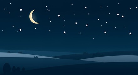 Fototapeta premium Night Landscape with Crescent Moon and Stars in the Sky Illustration