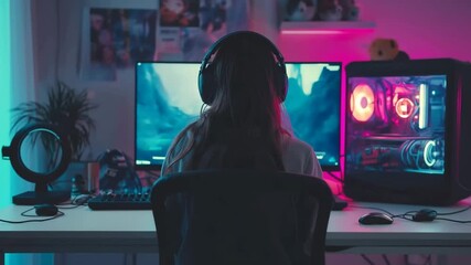 Engaged gamer immersed in colorful game environment with dynamic lighting